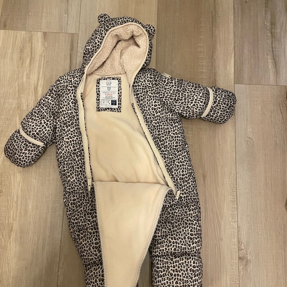 Baby Gap leopard print snowsuit.